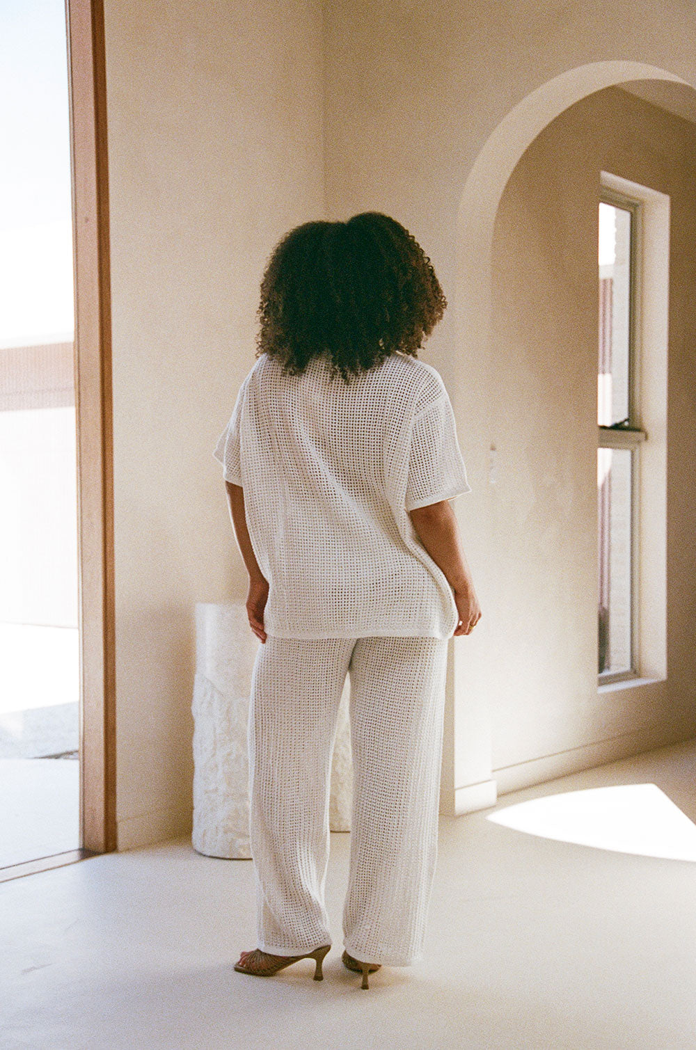Elegant Cream-Colored Zayna Crochet Knit High-Waisted Wide-Leg Pants